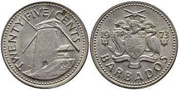 Барбадос 25 центов 1973 ветряная мельница Моргана Льюиса KM 13 медно-никель 4398-314