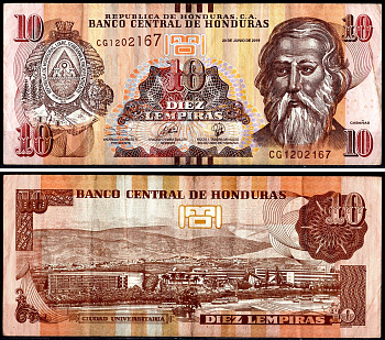 Гондурас 10 лемпира 2019 Pick 99 бумага 3295-93-3-1