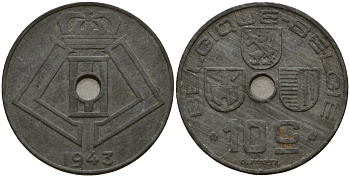 Бельгия 10 сантимов 1943 Belgique - Belgie, Леопольд III (1934-1947), германская оккупация, Вторая мировая война KM 125 цинк 4161-324