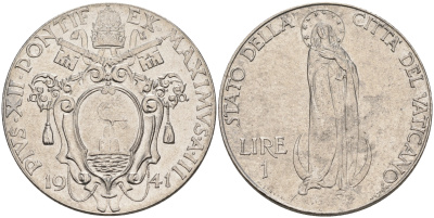 Ватикан 1 лира 1941 Пий XII, Дева Мария KM 26 a сталь UNC 63-715
