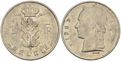 БЕЛЬГИЯ 1 ФРАНК 1963 BELGIE KM 143.1 медно-никель 4546-354