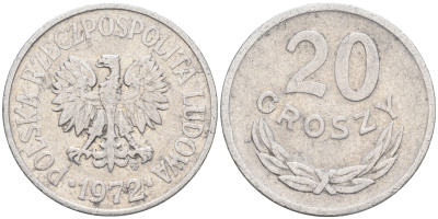 Польша 20 грошей 1972 MW KM А47 алюминий    4174-713