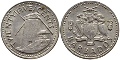Барбадос 25 центов 1973 ветряная мельница Моргана Льюиса KM 13 медно-никель 4398-314