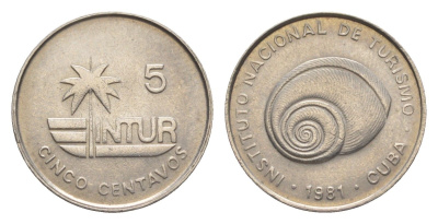 Куба 5 сентаво 1981 туристические деньги, INTURб тонкая 5 KM 412.2 медно-никель UNC 4636-665