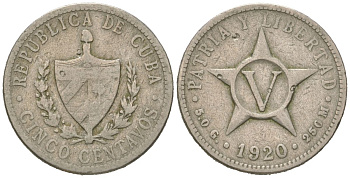 Куба 5 сентаво 1920 звезда, республика (1915-1961) KM 11.1, Y 5, Schoen 5 медно-никель 4615-912