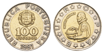 Португалия 100 эскудо 1991 Педру Нуниш (1502-1578), математик KM 645 биметалл 4388-945