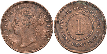 Стрейтс-Сетлментс 1 цент 1874 Виктория (1837-1901), Ост-Индская компания KM 9 медь 4590-323
