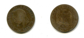 ФРАНЦИЯ 5 САНТИМОВ 1861 ВВ, НАПОЛЕОН III (1852-1870) KM 797.2, LE FRANC 117.3 бронза 56-643