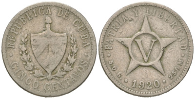 Куба 5 сентаво 1920 звезда, республика (1915-1961) KM 11.1, Y 5, Schoen 5 медно-никель 4615-912