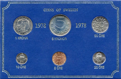 Швеция набор монетного двора из 6 монет 1978 в картоне, Карл XVI Густав (1973- ) KM MS8 UNC 7-5-7-228
