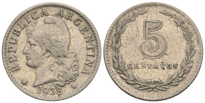 Аргентина 5 сентаво 1938 голова свободы влево KM 34, CJ 168, Schon 37 медно-никель    4609-1129