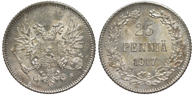 Россия для Финляндии 25 пенни 1917 S, временное правительство, без короны KM 19, Биткин 2 серебро 75-1466