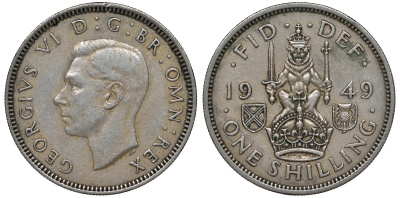 Великобритания 1 шиллинг 1949 Георг VI (1936-1952), Шотландский герб KM 877, Spink 4109 медно-никель 4122-533