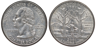 США 25 центов = квотер 2001 Р, серия штаты США, Вермонт KM 321 медь плакированная медно-никелем 4538-321