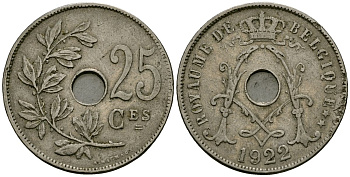 Бельгия 25 сантимов 1922 Belgique KM 68 медно-никель 4168-1242