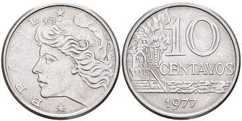 БРАЗИЛИЯ 10 СЕНТАВО 1977 РЕФОРМА (1967-1985), ГОЛОВА СВОБОДЫ ВЛЕВО KM 578.1а нержавеющая сталь 4514-946
