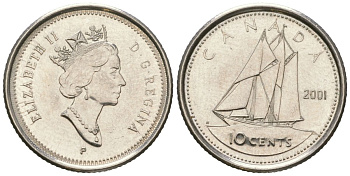 Канада 10 центов 2001 P, Елизавета II (1952-2022), парусник KM 183b сталь плакированный никелем UNC 4381-958