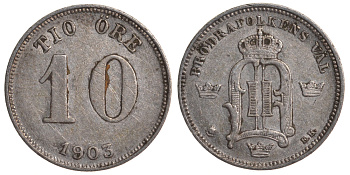 Швеция 10 эре 1903 Оскар II (1872-1907) король Швеции и Норвегии KM 755 серебро 4179-534