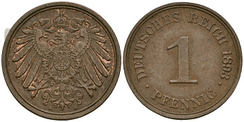 Германия 1 пфенниг 1893 A, Вильгельм II (1888-1918) KM 10, J. 10 медь 3955-1035