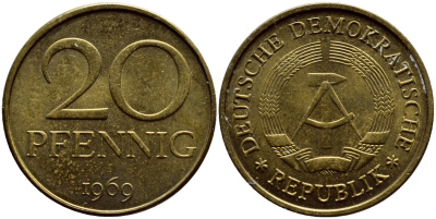 ГДР 20 пфеннигов 1969 А, первый год KM 11 латунь UNC 4398-223