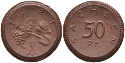 Саксония 50 пфеннигов 1921 виноград и лопата J. N 54 фарфор 1094-5-71