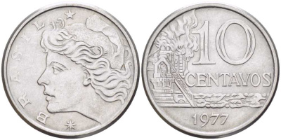 БРАЗИЛИЯ 10 СЕНТАВО 1977 РЕФОРМА (1967-1985), ГОЛОВА СВОБОДЫ ВЛЕВО KM 578.1а нержавеющая сталь 4514-946