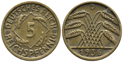 ГЕРМАНИЯ 5 РЕЙХСПФЕННИГОВ 1936 D KM 39, J. 316 алюминиевая бронза 39-618