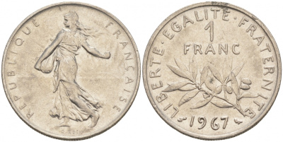 ФРАНЦИЯ 1 ФРАНК 1967 СЕЯТЕЛЬ KM 925.1 никель 68-113