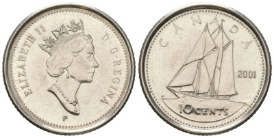 Канада 10 центов 2001 P, Елизавета II (1952-2022), парусник KM 183b сталь плакированный никелем UNC 4381-958
