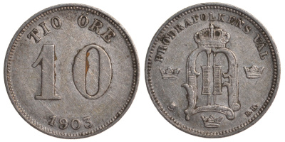 Швеция 10 эре 1903 Оскар II (1872-1907) король Швеции и Норвегии KM 755 серебро 4179-534