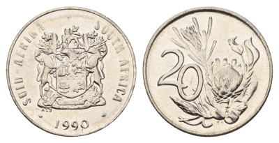ЮАР 20 центов 1990 герб, цветок протея KM 86 никель UNC 4119-1131