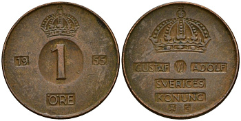 Швеция 1 эре 1955 Густав VI Адольф (1950-1973) KM 820 бронза 4152-439
