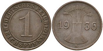 Германия 1 рейхспфенниг 1936 A KM 37, J. 313 бронза 4549-322