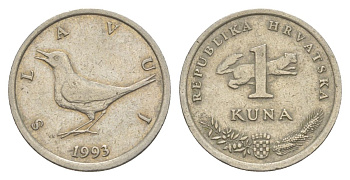 Хорватия 1 куна 1993 западный соловей, легенда на хорватском KM 9.1 медь цинк никель 4633-616