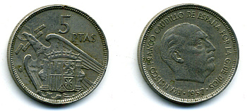 ИСПАНИЯ 5 ПЕСЕТ 1957 (59) ФРАНСИСКО ФРАНКО ДИКТАТОР ИСПАНИИ (1939-1975) KM 786 медно-никель 56-931