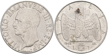 ИТАЛИЯ 1 ЛИРА 1942 R, ГОД XX, ВИКТОР ЭММАНУИЛ III (1900-1946) KM 77b, VEM3. 1102 нержавеющая сталь 3855-521