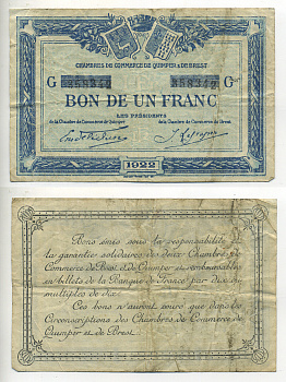 ФРАНЦИЯ 1 ФРАНК 1922 РЕГИОНАЛЬНЫЙ БОН ГОРОДОВ КЕМПЕР И БРЕСТ бумага 7552-29-2