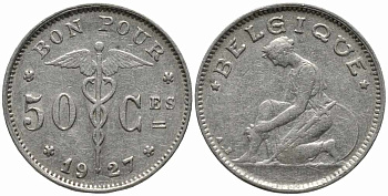 БЕЛЬГИЯ 50 САНТИМОВ 1927 BELGIQUE KM 87 никель 112-437