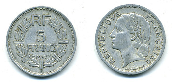 Франция 5 франков 1947 B, открытая 9, тип Лаврийе KM 888b.2, Le Franc 339.11 алюминий 25-642