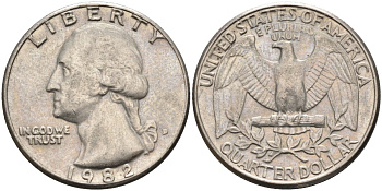 США 25 центов = квотер 1982 D, Вашингтон KM A164a медь плакированная медно-никелем 4584-1133