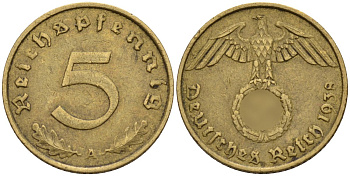 Германия 5 рейхспфеннигов 1938 A KM 91, J. 363 алюминиевая бронза 4151-822