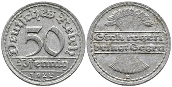 ГЕРМАНИЯ 50 ПФЕННИГОВ 1922 D KM 27, J. 301 алюминий 24-1055