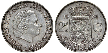 Нидерланды 2 1/2 гульдена 1961 Юлиана (1848-1980) KM 185 серебро    1530-1045