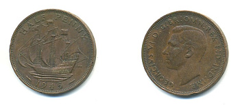 Великобритания 1/2 пенни 1945 Георг VI (1936-1952) KM 844, Spink 4115 бронза 59-1033