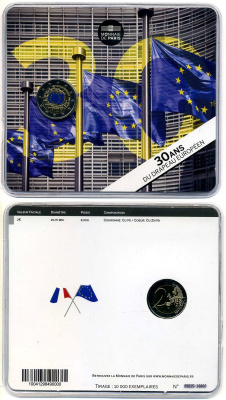 Франция 2 евро 2015 30 лет флагу европейского союза, цветная эмаль, буклет, пластик, запайка KM 220 биметалл BUNC 966-5-1