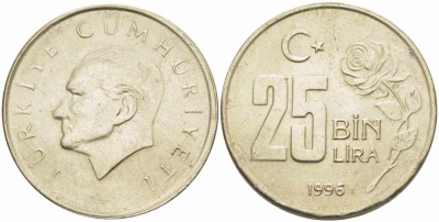 Турция 25000 лир 1996 Мустафа Кемаль Ататюрк KM 1041 медь никель цинк 62-731
