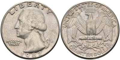 США 25 центов = квотер 1982 D, Вашингтон KM A164a медь плакированная медно-никелем 4584-1133