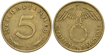 Германия 5 рейхспфеннигов 1938 A KM 91, J. 363 алюминиевая бронза 4151-822