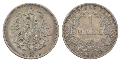 Германия 1 марка 1881 A, Вильгельм I (1861-1888) KM 7, J. 9 серебро 4626-136