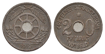 Крефельд 20 пфеннигов 1919 Men05 4697.3, Men18 5908.3 железо 4657-1057